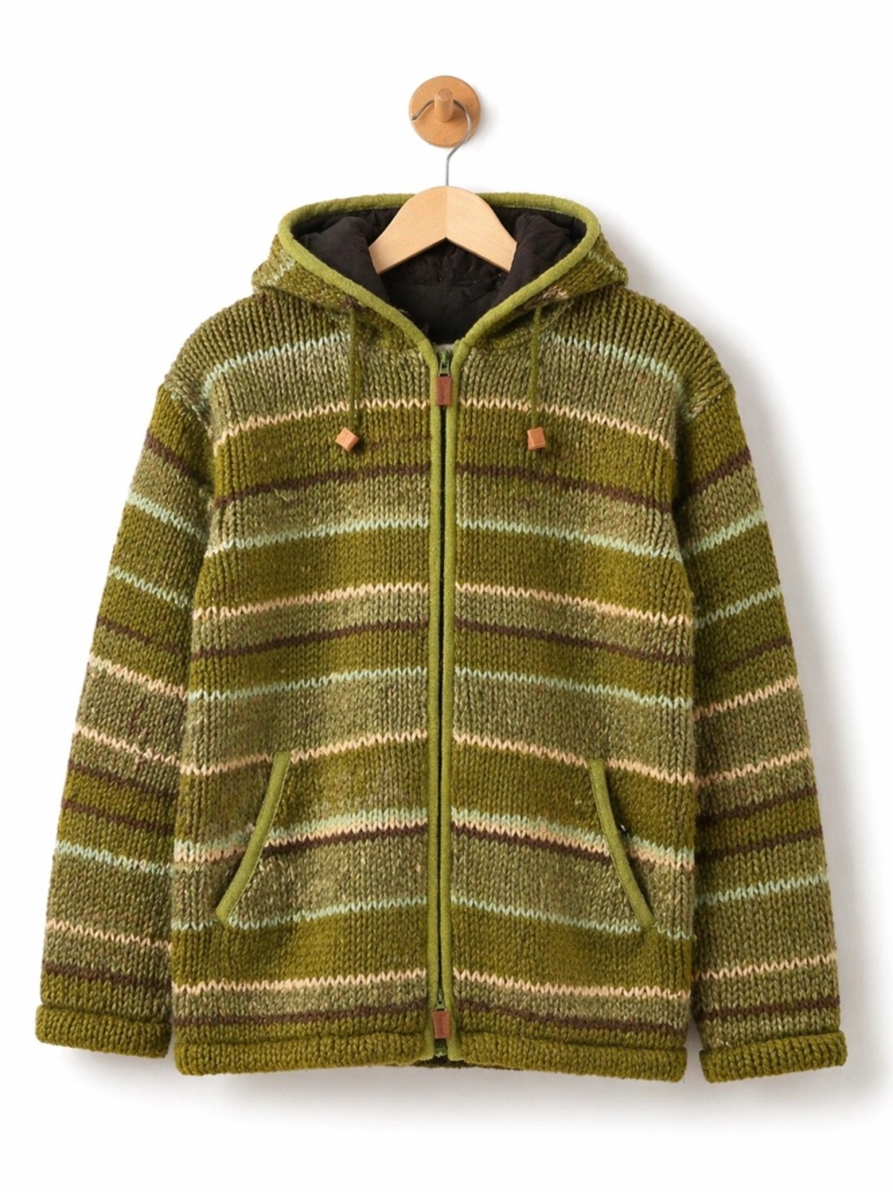 Men's Wool Olive Green Hooded Zip-Up Sweater Jacket